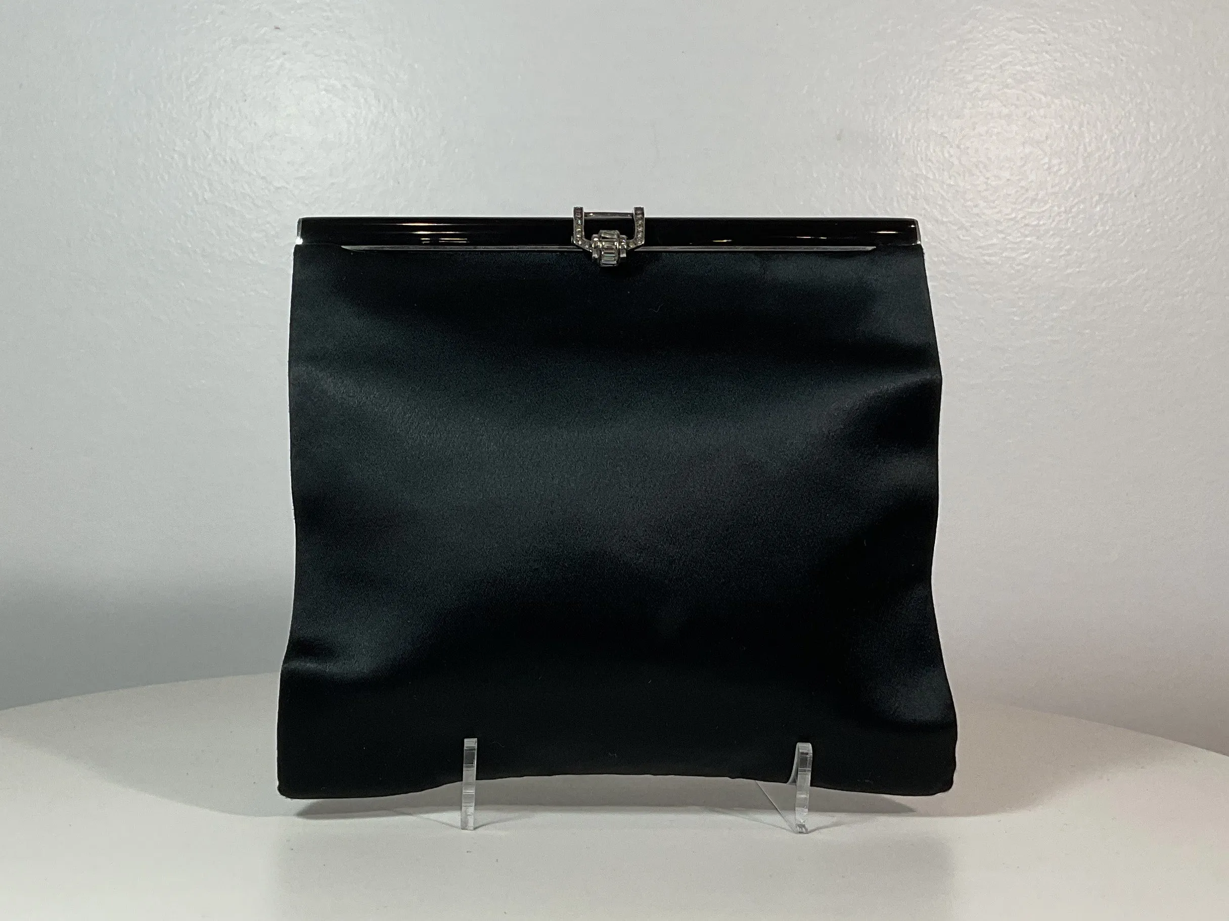 A LA REINE DES FÉES Black Satin Clutch with Rhinestone Clasp