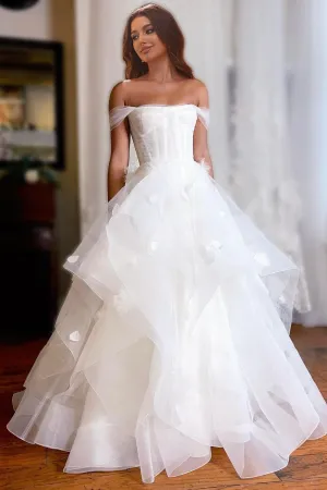 A Line Sleeveless  Ruffles Wedding Dresses with 3D Appliques
