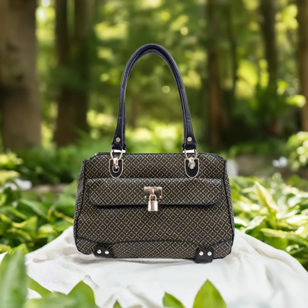 ALBA polka signature print satchel Bag Purse Black Golden lock embossed FM241