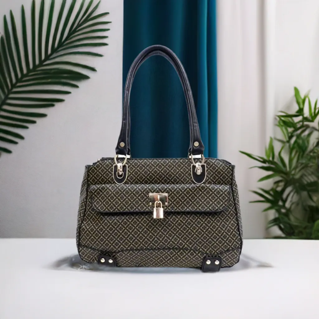 ALBA polka signature print satchel Bag Purse Black Golden lock embossed FM241