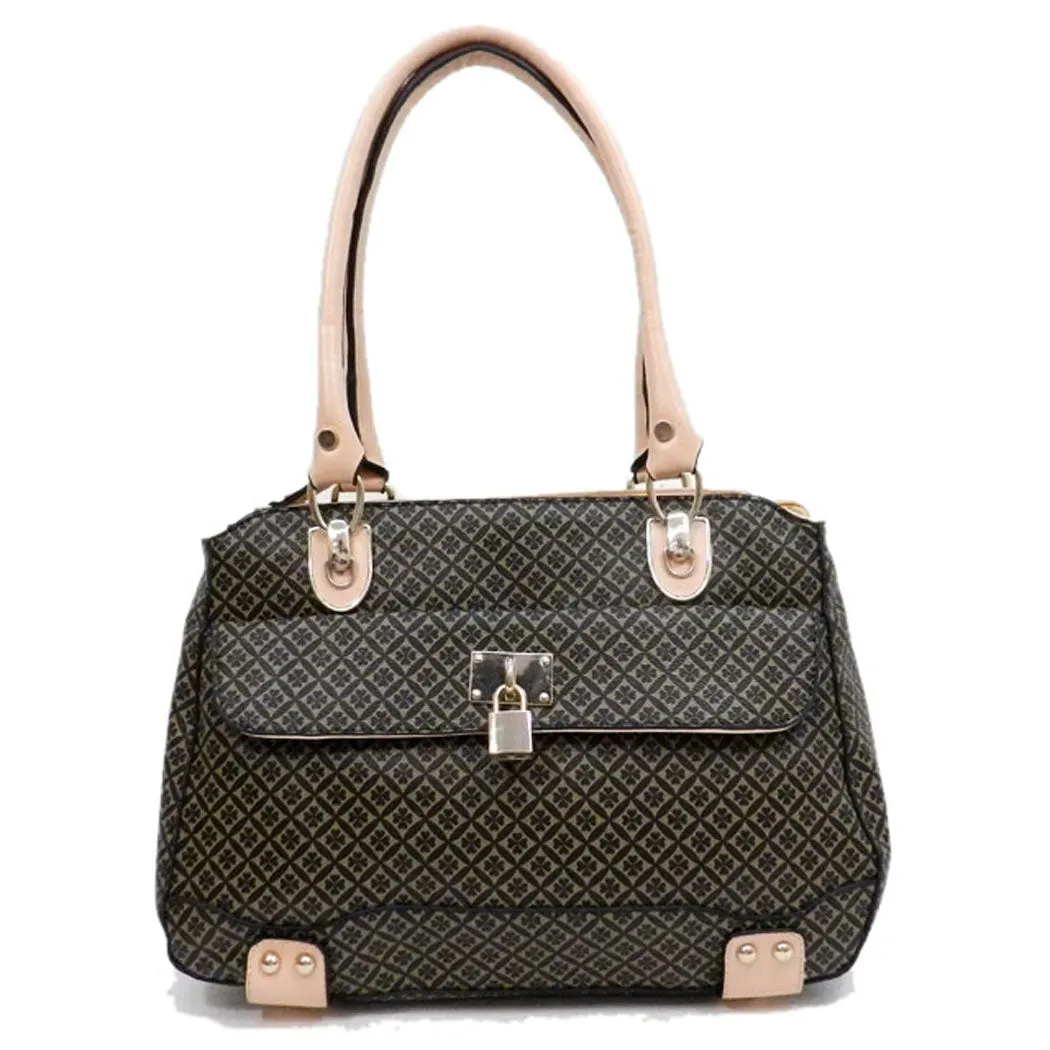 ALBA polka signature print satchel Bag Purse Black Golden lock embossed FM241
