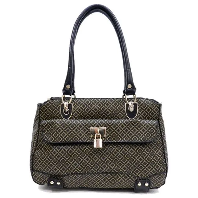 ALBA polka signature print satchel Bag Purse Black Golden lock embossed FM241