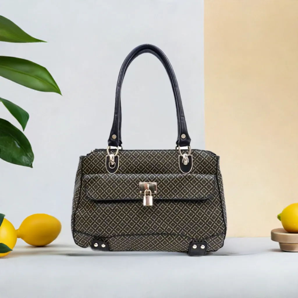 ALBA polka signature print satchel Bag Purse Black Golden lock embossed FM241