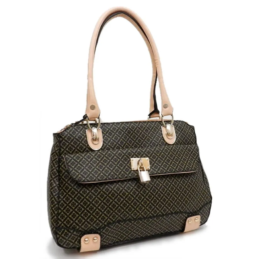 ALBA polka signature print satchel Bag Purse Black Golden lock embossed FM241