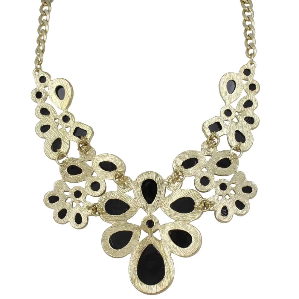 Black Flowers Trimmed in Gold Necklace - FN516