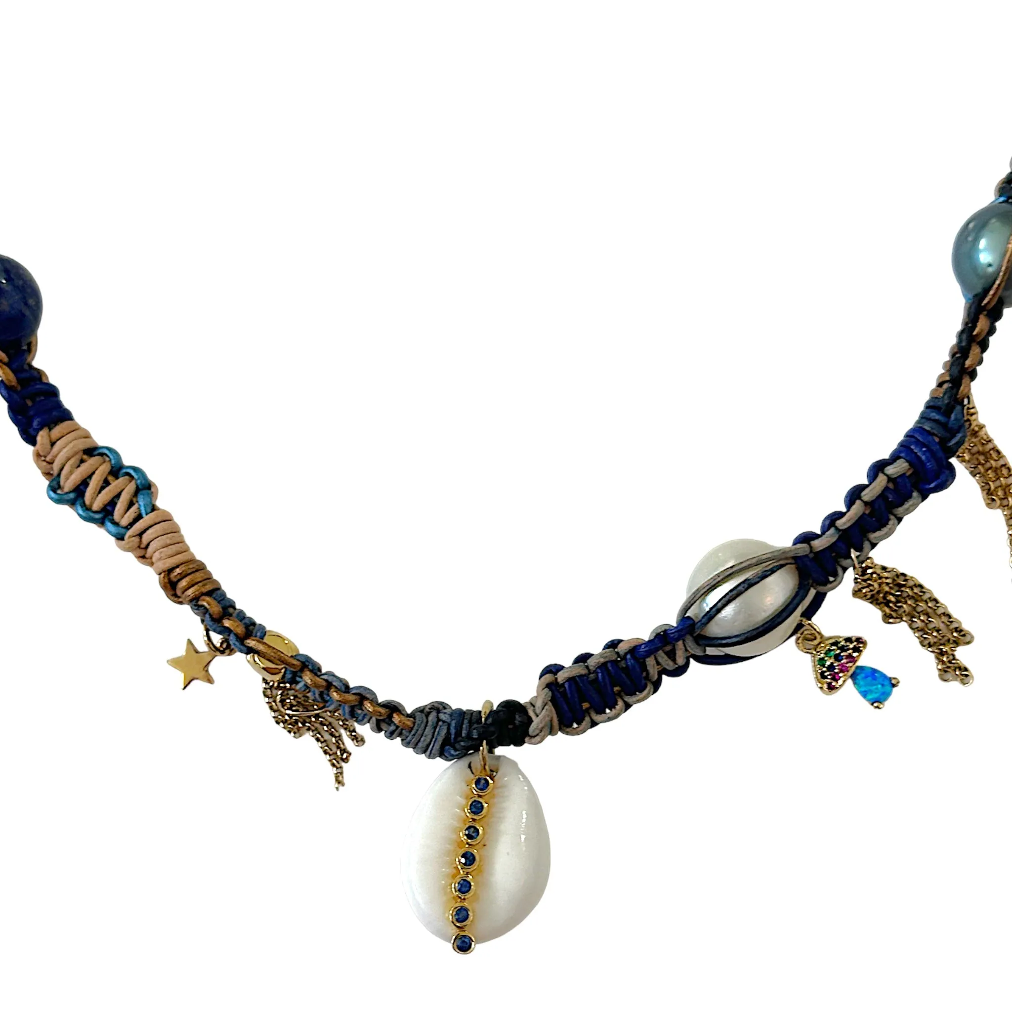 Blue Dream Sapphire Cowrie Leather Rockstar Necklace
