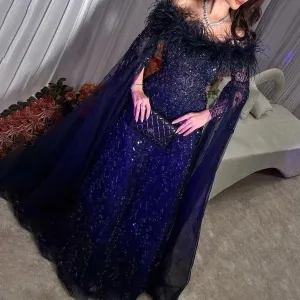 Brown Feathers Beaded A Line Evening Dress Off Shoulder Cape Sleeve Gown