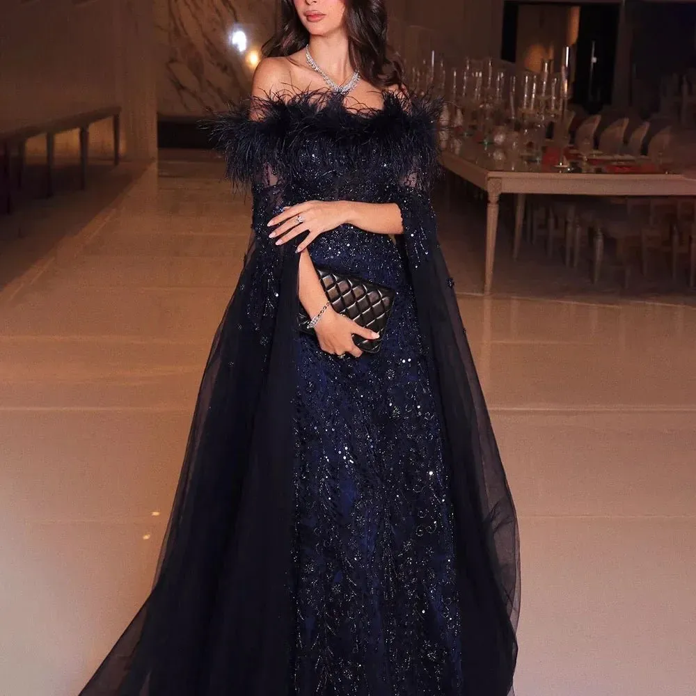 Brown Feathers Beaded A Line Evening Dress Off Shoulder Cape Sleeve Gown
