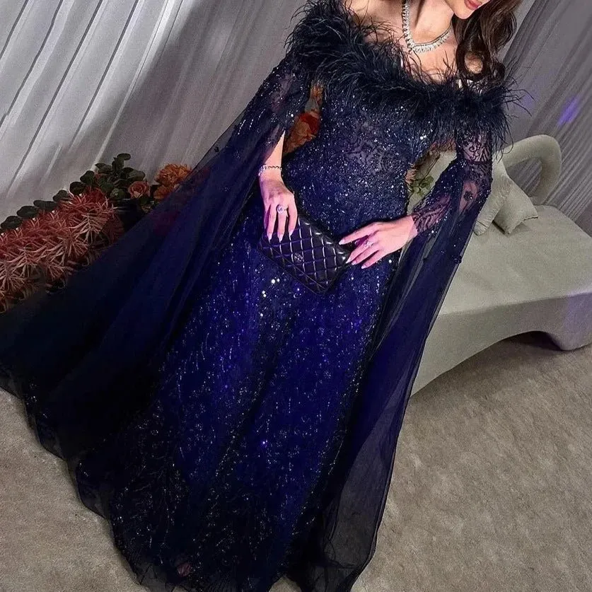 Brown Feathers Beaded A Line Evening Dress Off Shoulder Cape Sleeve Gown