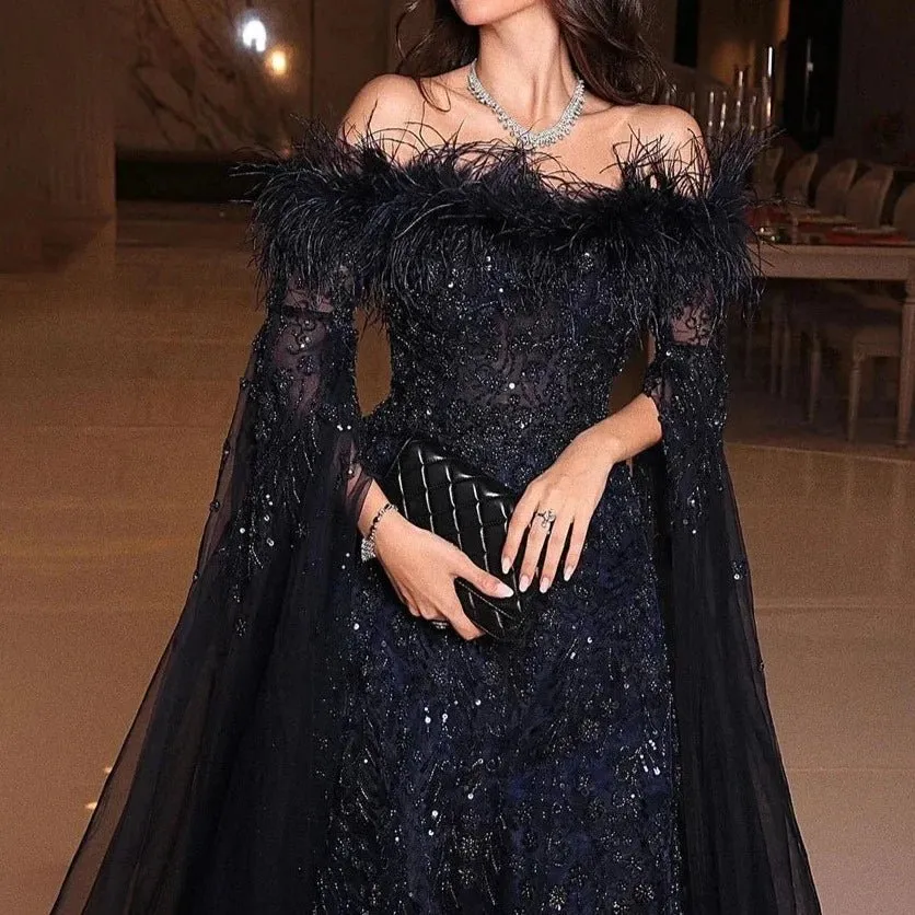 Brown Feathers Beaded A Line Evening Dress Off Shoulder Cape Sleeve Gown