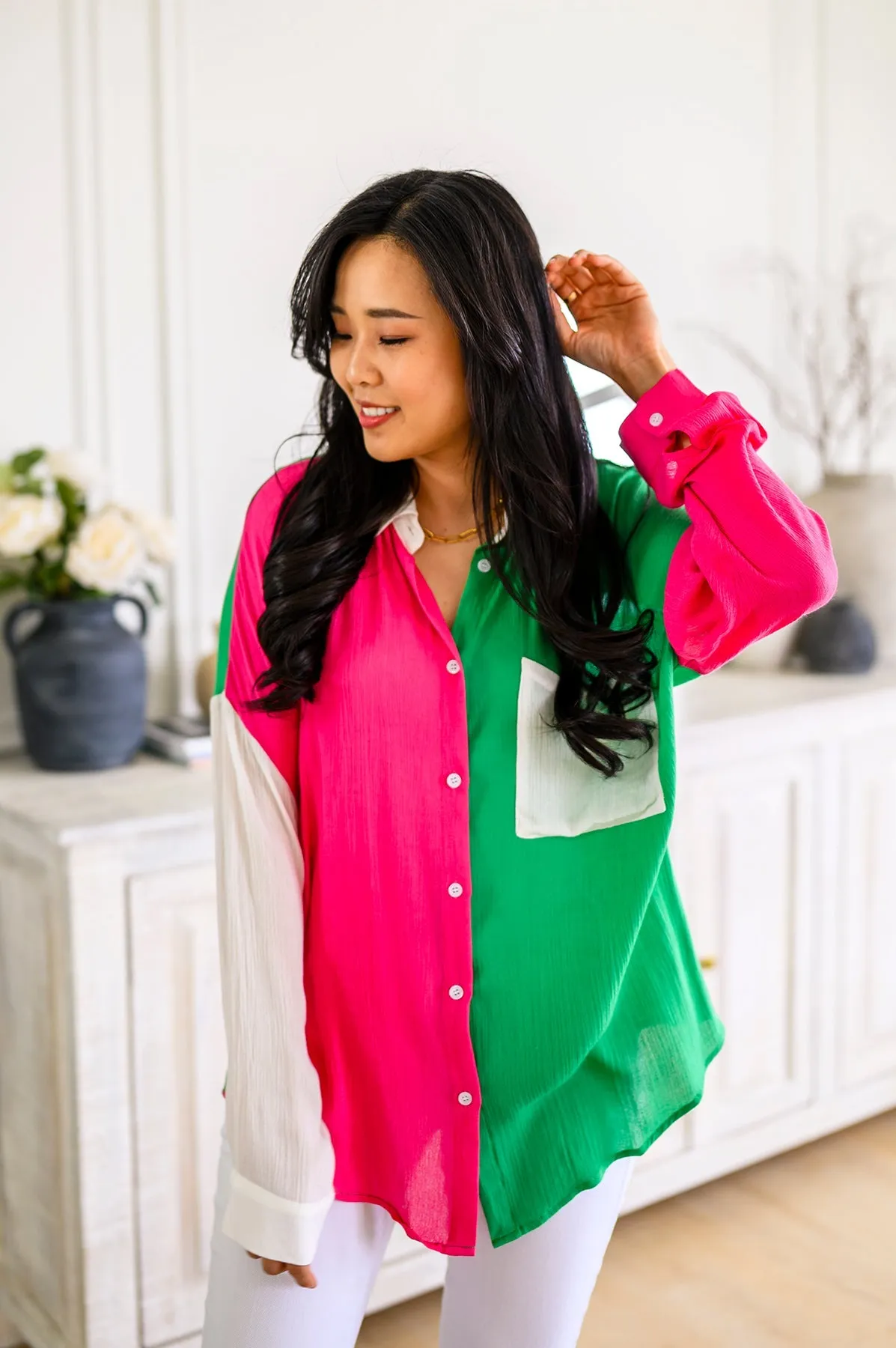 Capture the Day Lightweight Color Block Button-Up Top in Kelly Green, Hot Pink & White