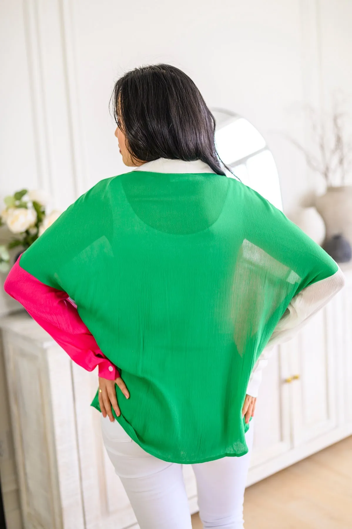 Capture the Day Lightweight Color Block Button-Up Top in Kelly Green, Hot Pink & White