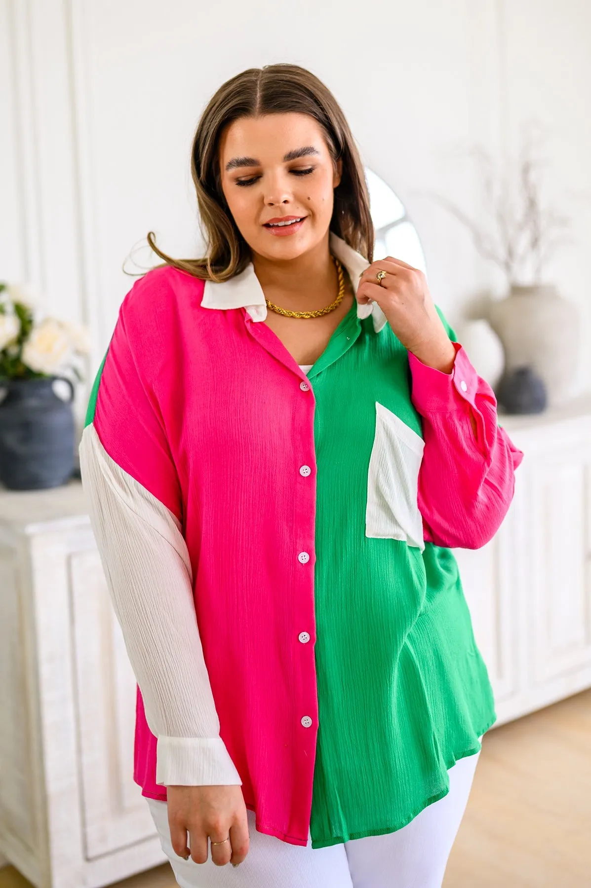 Capture the Day Lightweight Color Block Button-Up Top in Kelly Green, Hot Pink & White
