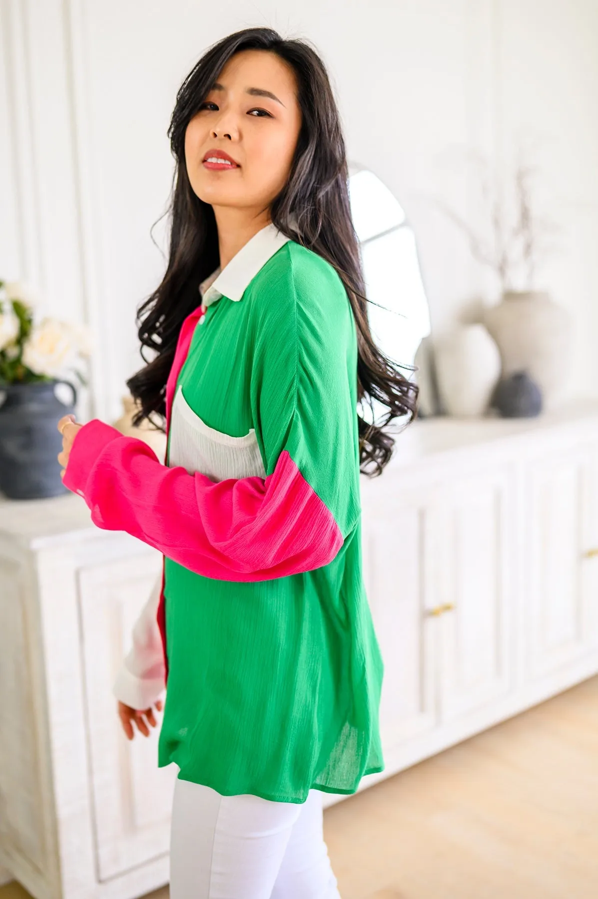 Capture the Day Lightweight Color Block Button-Up Top in Kelly Green, Hot Pink & White