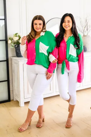 Capture the Day Lightweight Color Block Button-Up Top in Kelly Green, Hot Pink & White