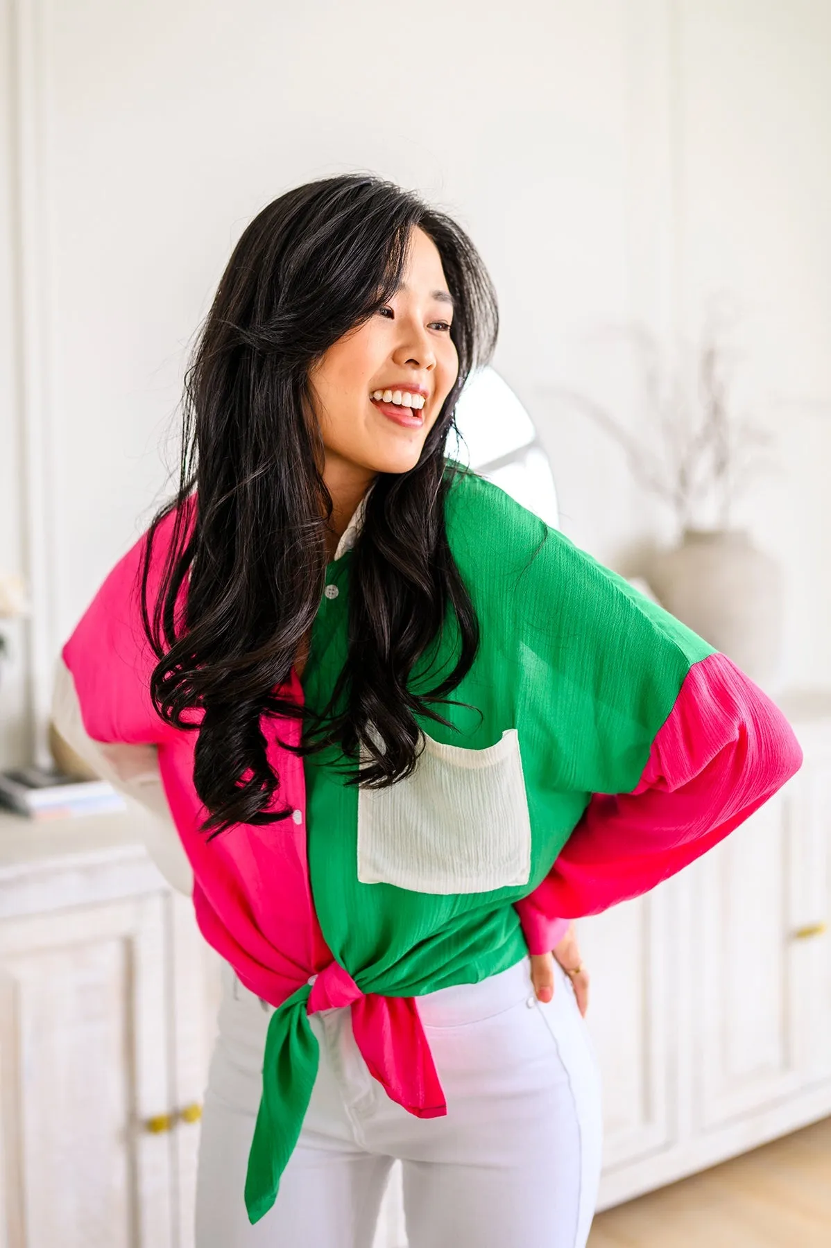 Capture the Day Lightweight Color Block Button-Up Top in Kelly Green, Hot Pink & White