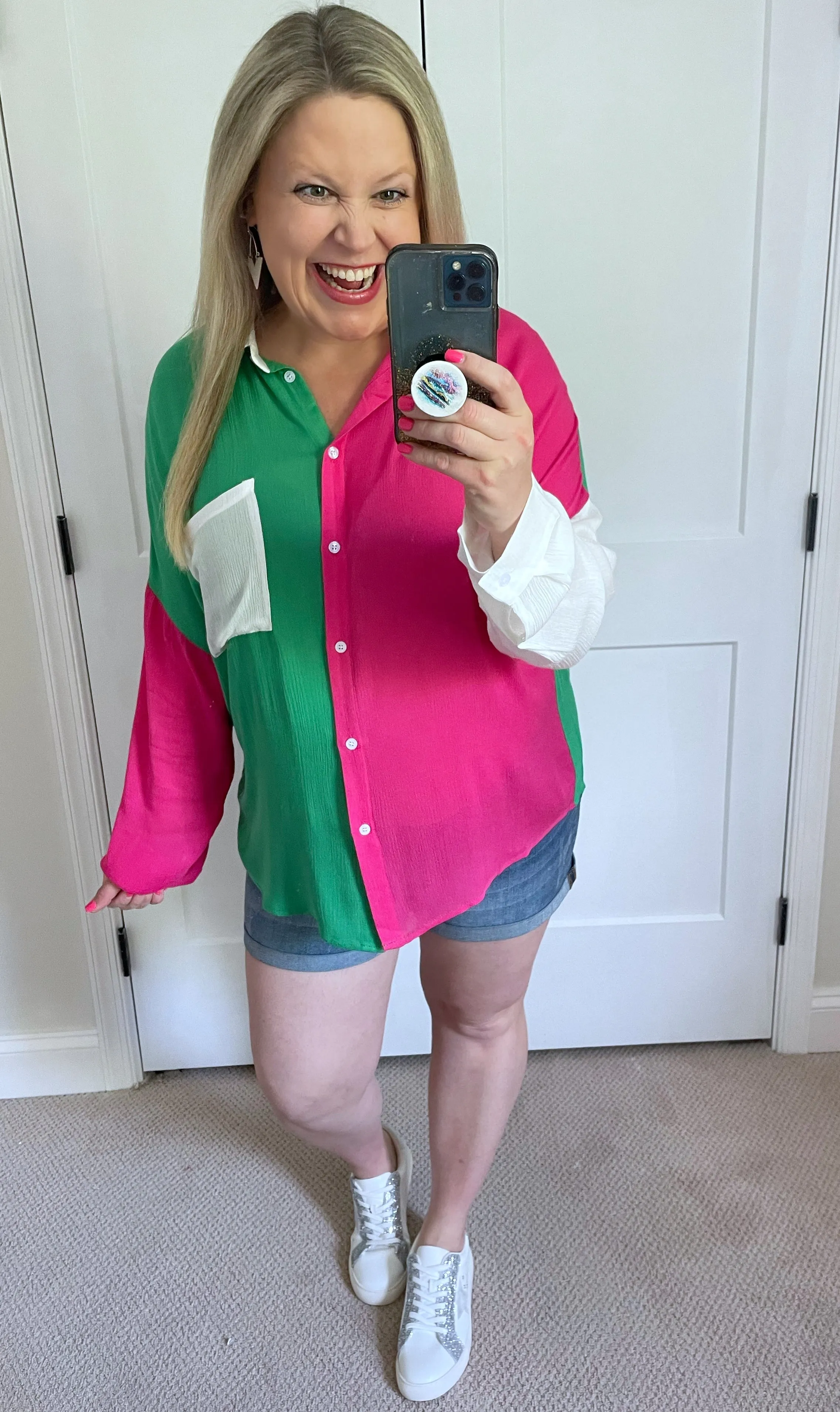 Capture the Day Lightweight Color Block Button-Up Top in Kelly Green, Hot Pink & White