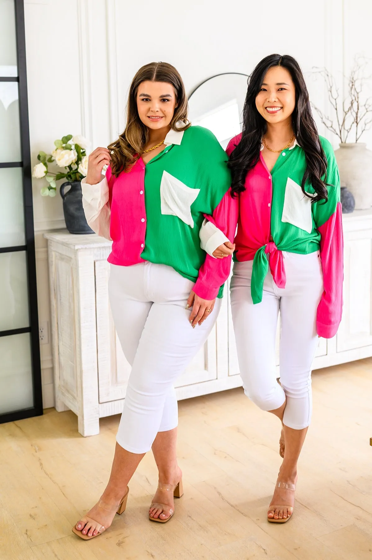 Capture the Day Lightweight Color Block Button-Up Top in Kelly Green, Hot Pink & White