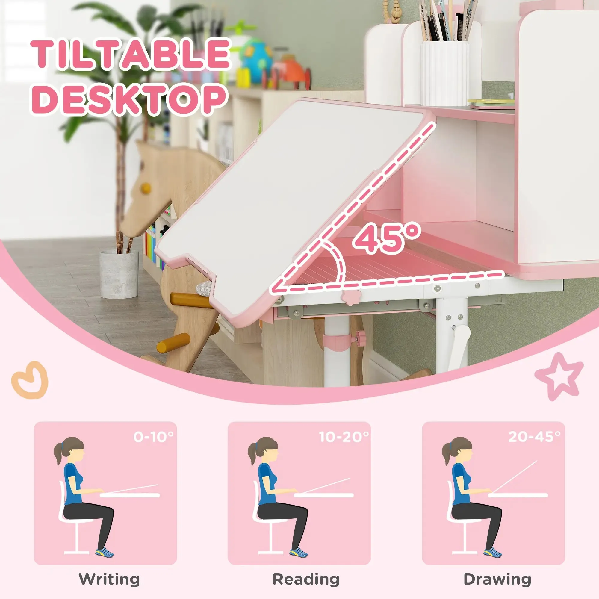 Children's Montessori Ergonomic Height Adjustable Tilting Study & Art Desk & Chair | Pink | 3-12 Years
