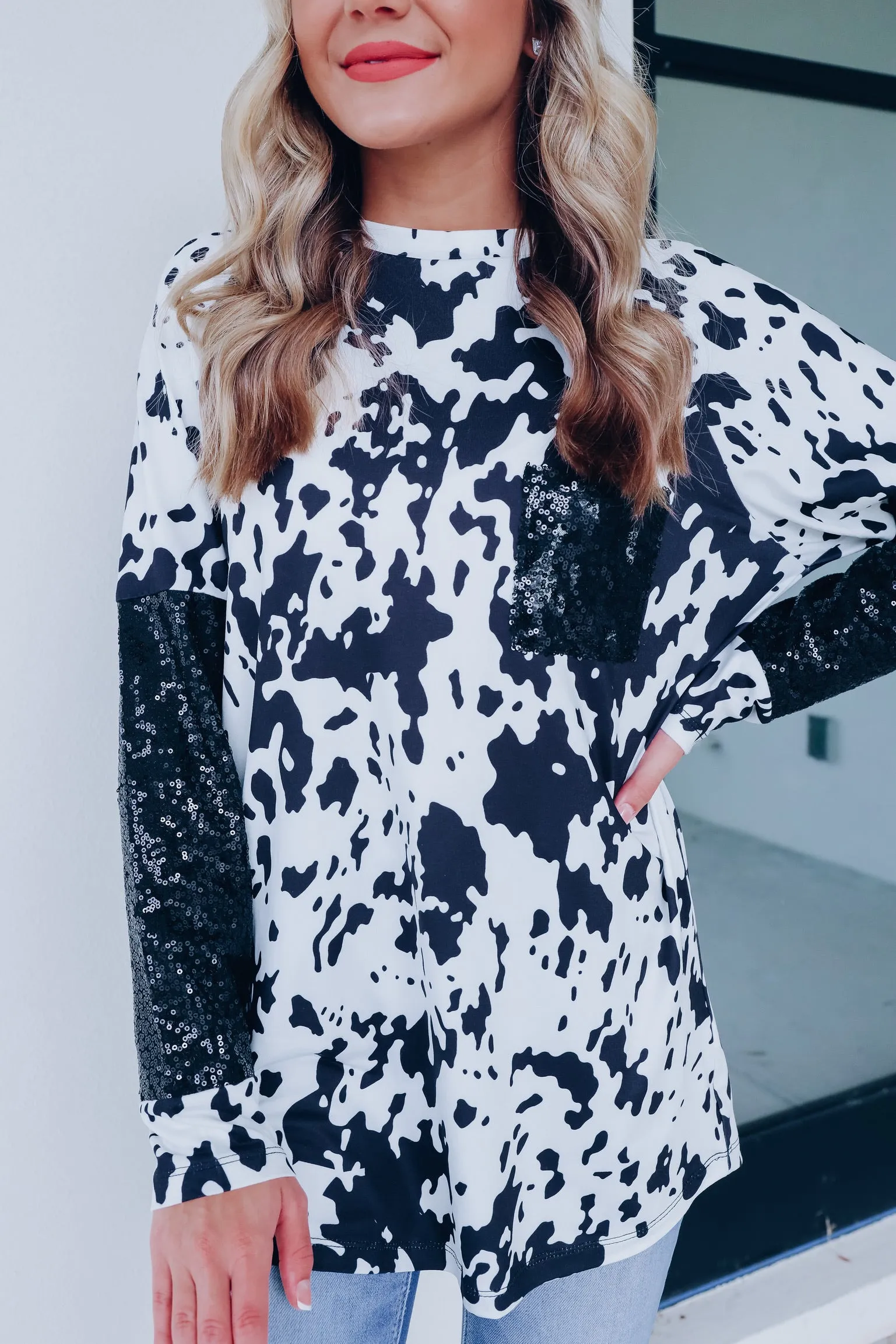 Cora Cow Print Sequin Sleeve Top
