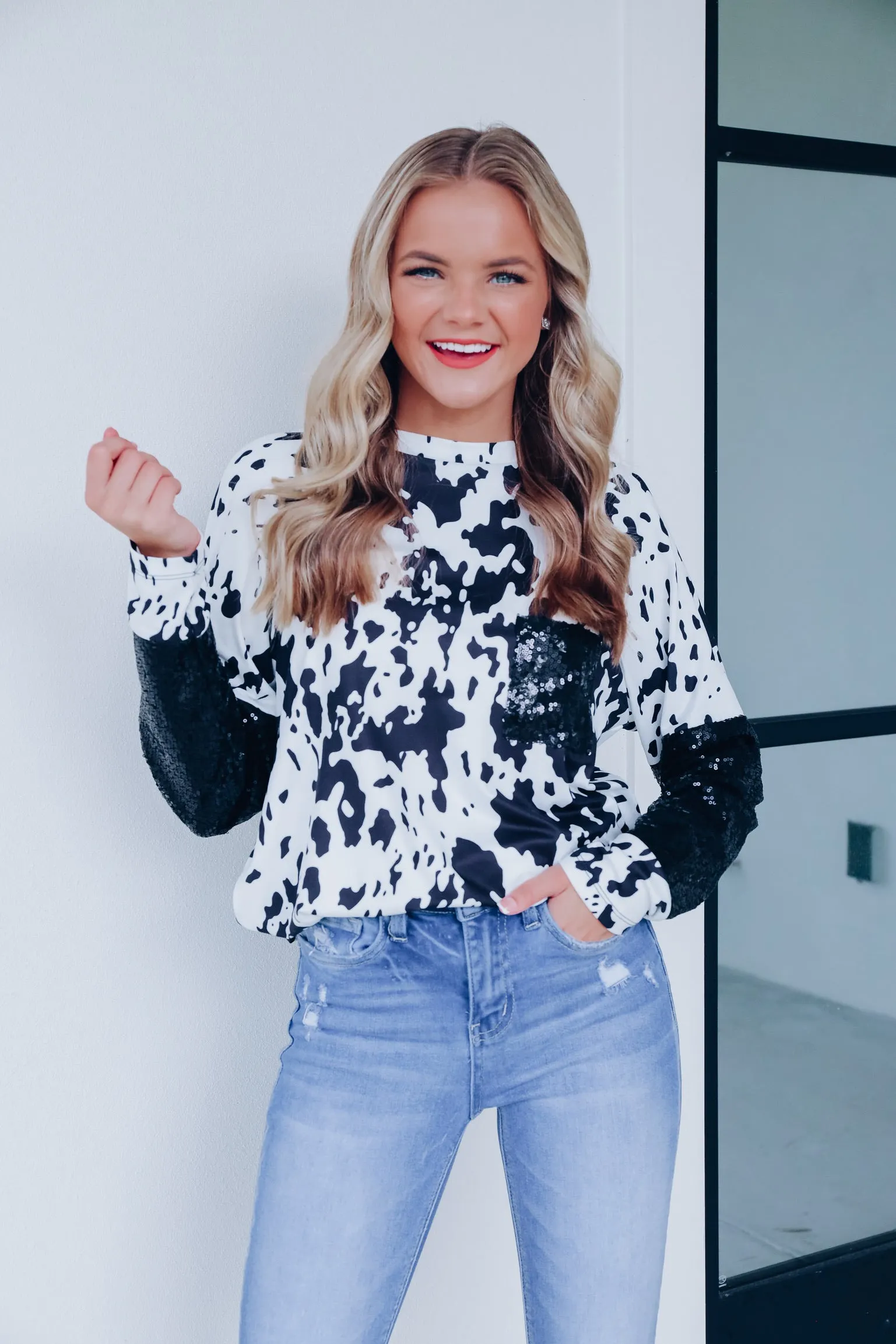 Cora Cow Print Sequin Sleeve Top