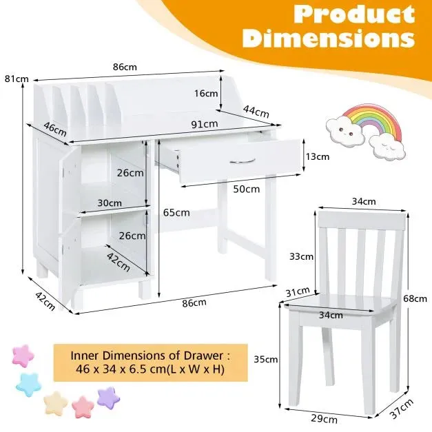 Deluxe Spine Supporting Homework Desk | Bureau | Storage Cupboard & Chair | White | 4-14 Years