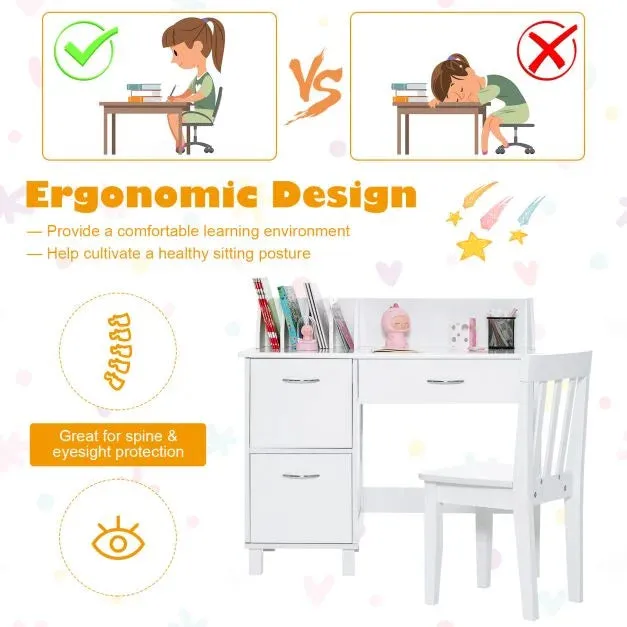 Deluxe Spine Supporting Homework Desk | Bureau | Storage Cupboard & Chair | White | 4-14 Years