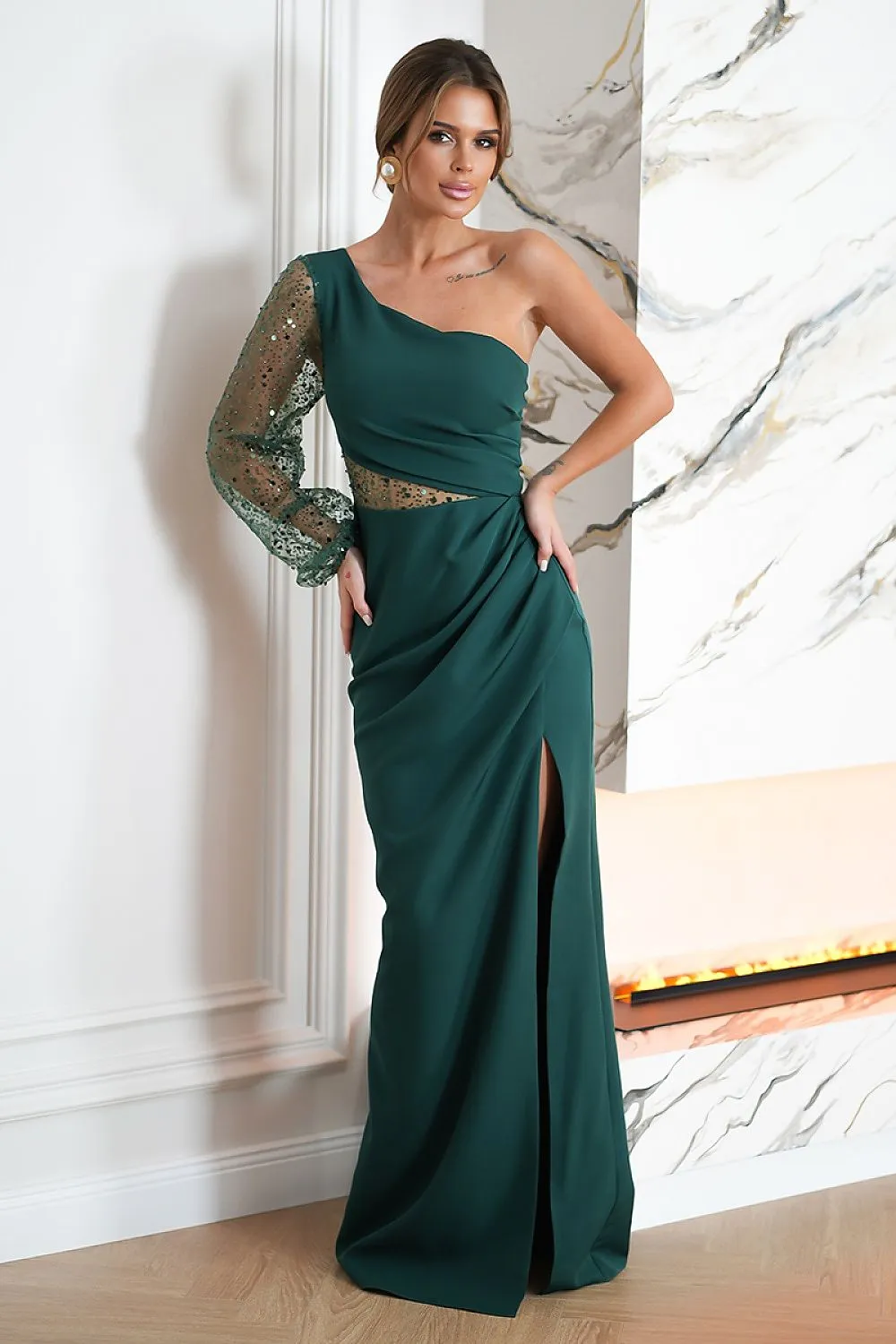 Elegant Asymmetrical Sequin One-Shoulder Dress with Crinkled Skirt and Slit