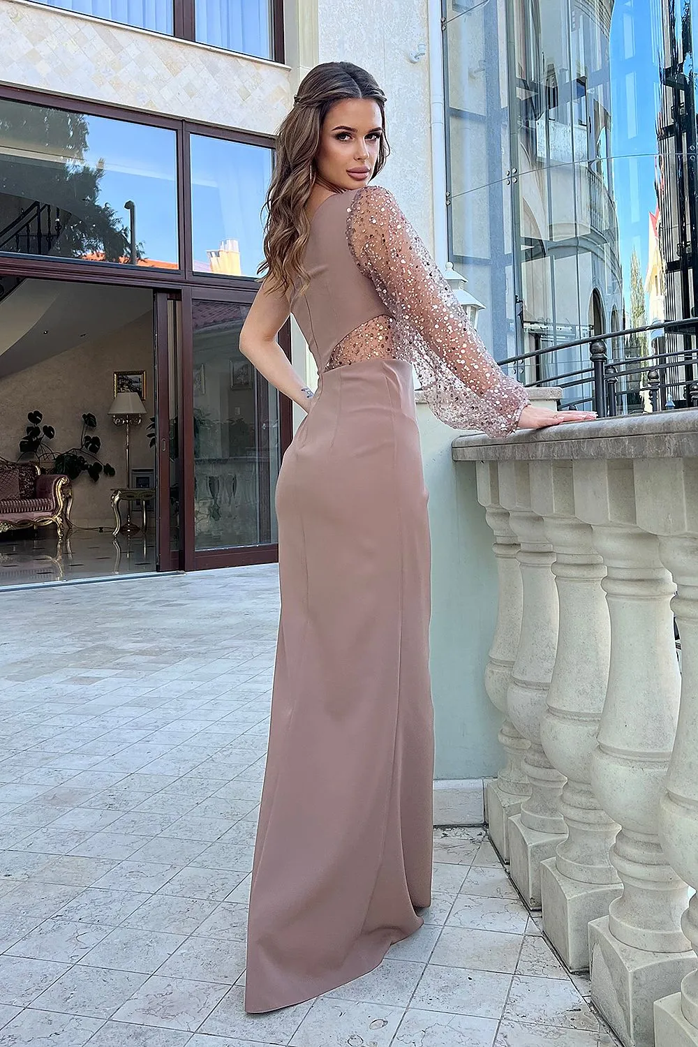 Elegant Asymmetrical Sequin One-Shoulder Dress with Crinkled Skirt and Slit