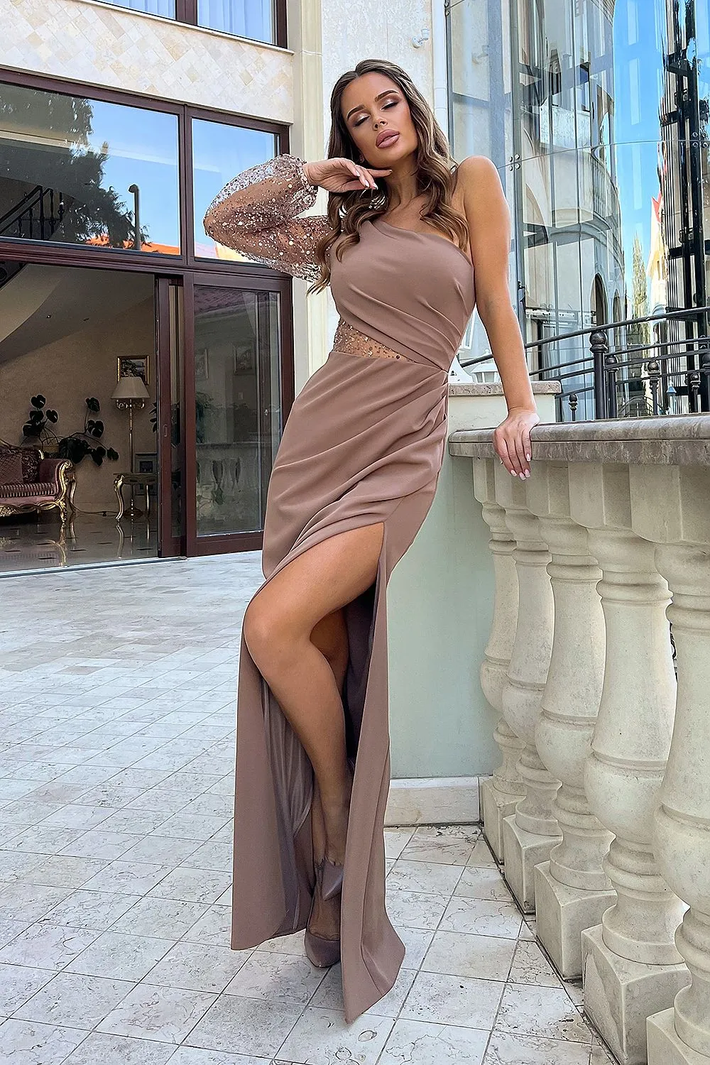 Elegant Asymmetrical Sequin One-Shoulder Dress with Crinkled Skirt and Slit