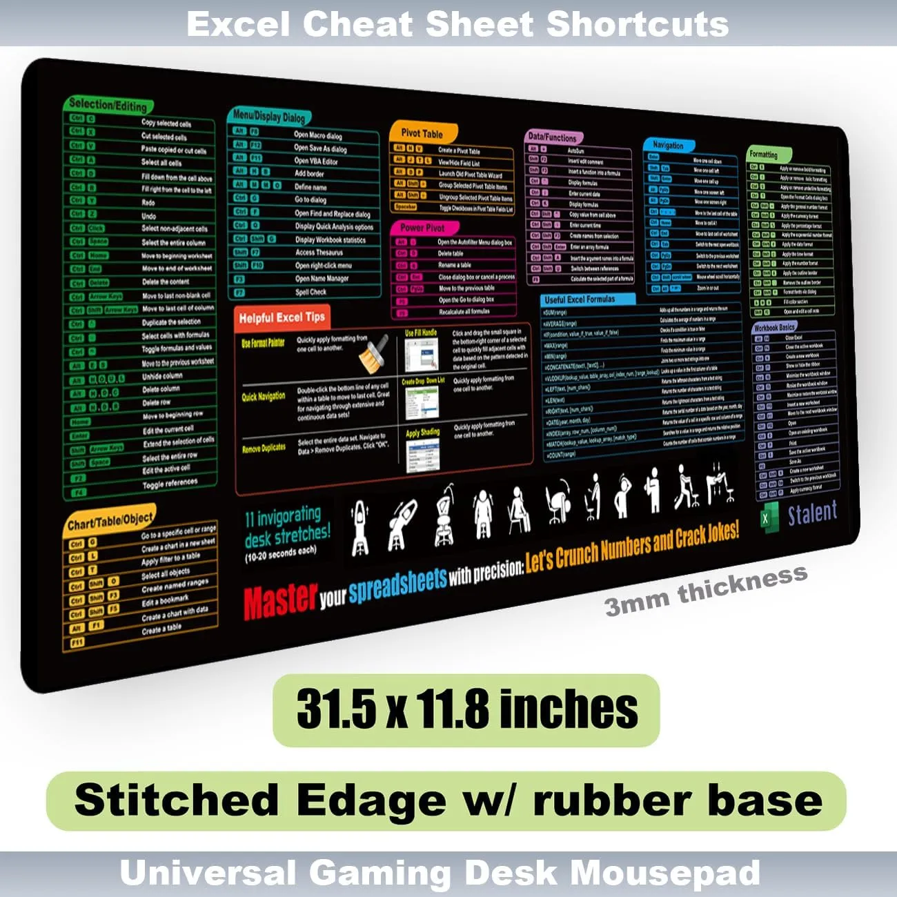 Excel Cheat Sheet Desk Mat, 31.5"X11.8" Excel Shortcuts Mouse Pad, Keyboard Shor
