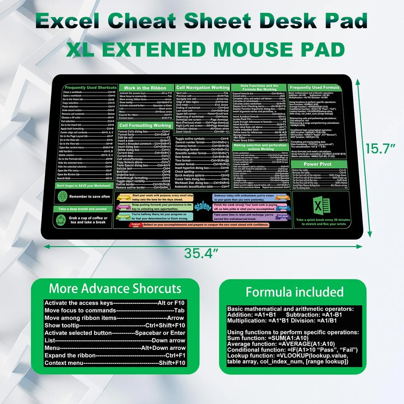 Excel Cheat Sheet Desk Mat, 31.5"X11.8" Excel Shortcuts Mouse Pad, Keyboard Shor