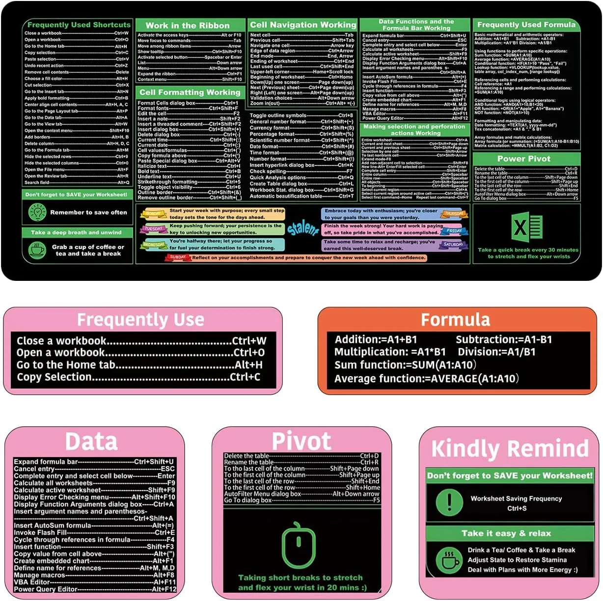 Excel Cheat Sheet Desk Mat, 31.5"X11.8" Excel Shortcuts Mouse Pad, Keyboard Shor