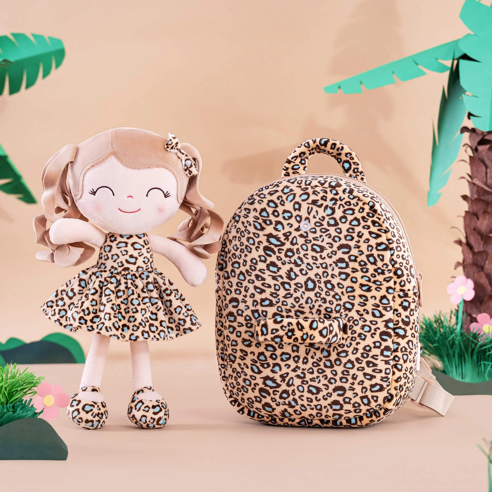 Gloveleya 9-inch Personalized Plush Curly Animal Leopard Dolls Backpack Skinny