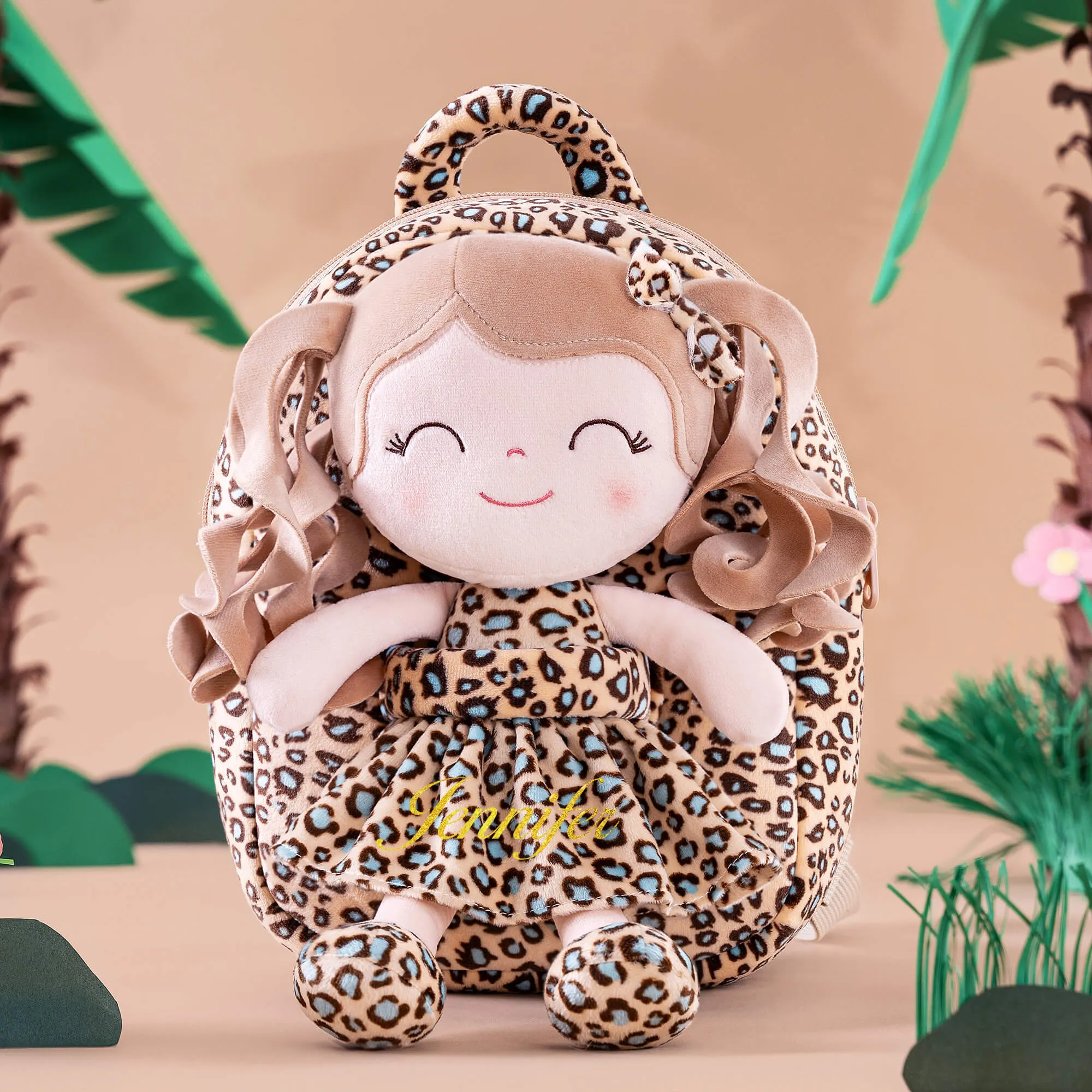 Gloveleya 9-inch Personalized Plush Curly Animal Leopard Dolls Backpack Skinny