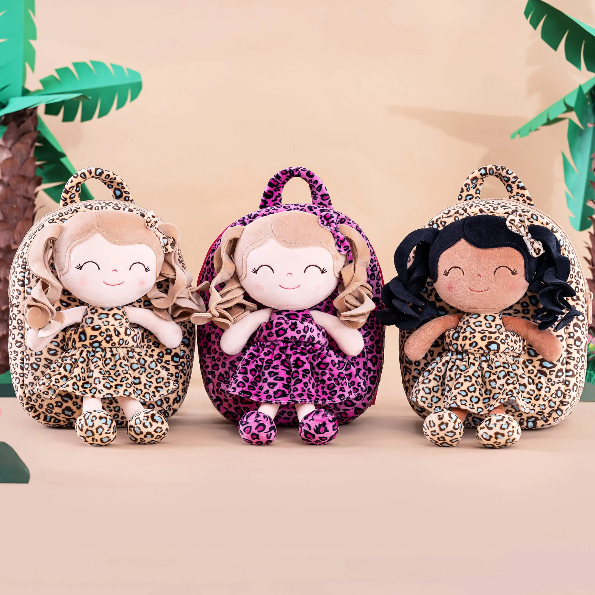 Gloveleya 9-inch Personalized Plush Curly Animal Leopard Dolls Backpack Skinny