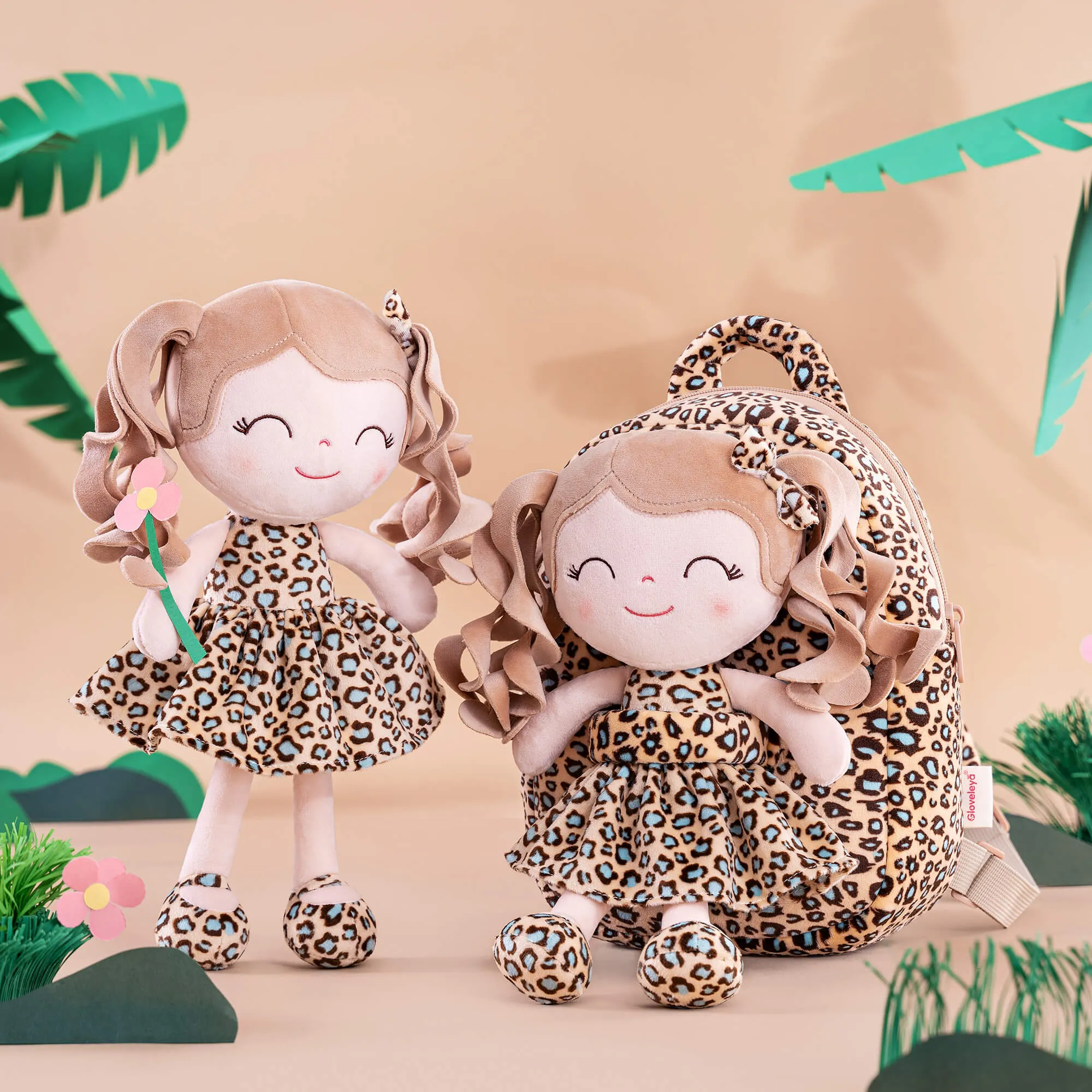Gloveleya 9-inch Personalized Plush Curly Animal Leopard Dolls Backpack Skinny