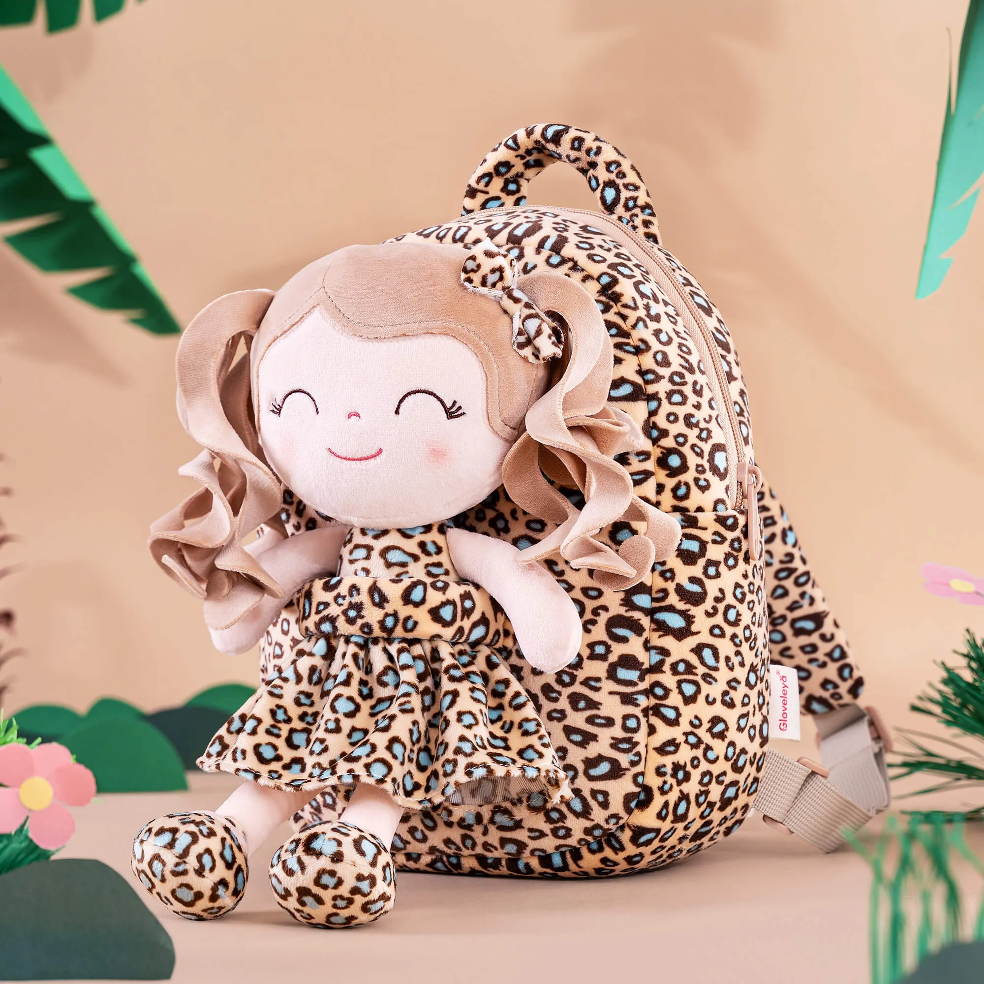 Gloveleya 9-inch Personalized Plush Curly Animal Leopard Dolls Backpack Skinny