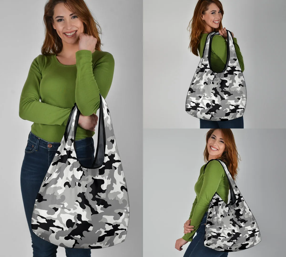 Gray Camo Grocery Bags Reusable Shopping Bags Pack of 3 Camouflage Pattern