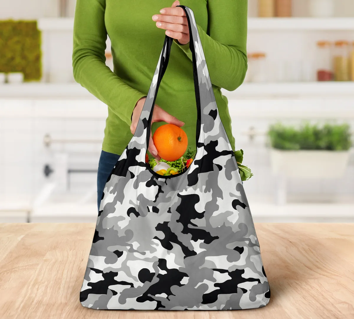 Gray Camo Grocery Bags Reusable Shopping Bags Pack of 3 Camouflage Pattern
