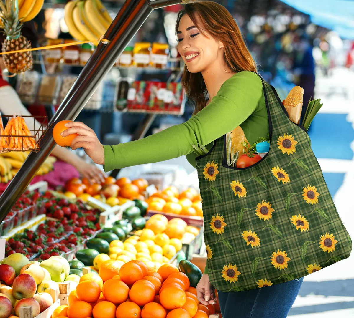 Green Plaid With Sunflower Pattern Grocery Shopping Bag Pack of 3