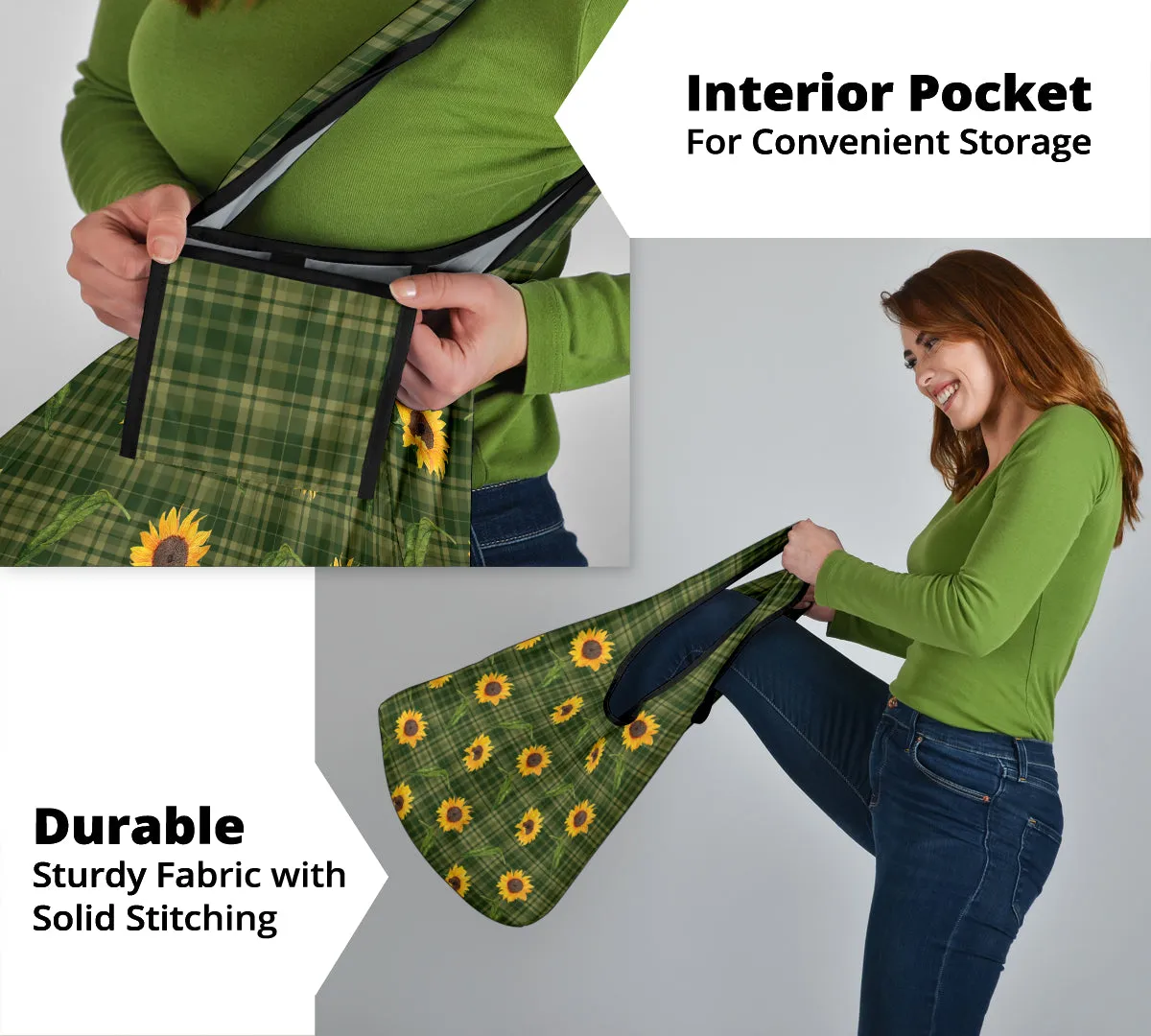 Green Plaid With Sunflower Pattern Grocery Shopping Bag Pack of 3