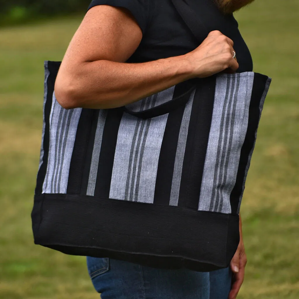 Hand Woven Market Tote | Black & Gray Stripe