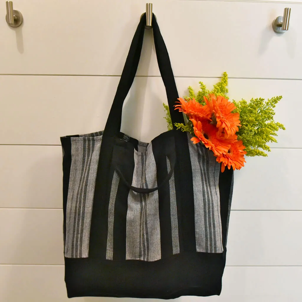 Hand Woven Market Tote | Black & Gray Stripe