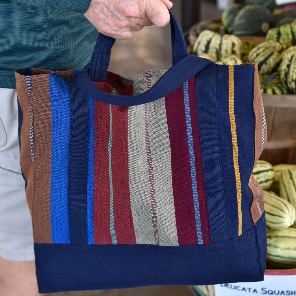 Hand Woven Market Tote | Wide Indigo Stripes