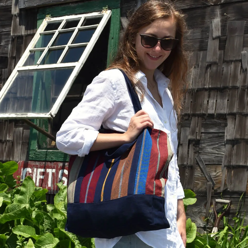 Hand Woven Market Tote | Wide Indigo Stripes