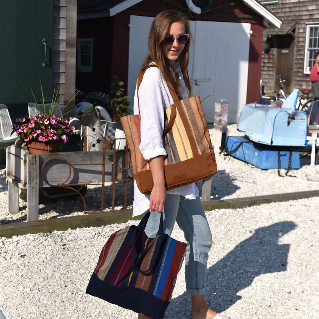 Hand Woven Market Tote | Wide Indigo Stripes