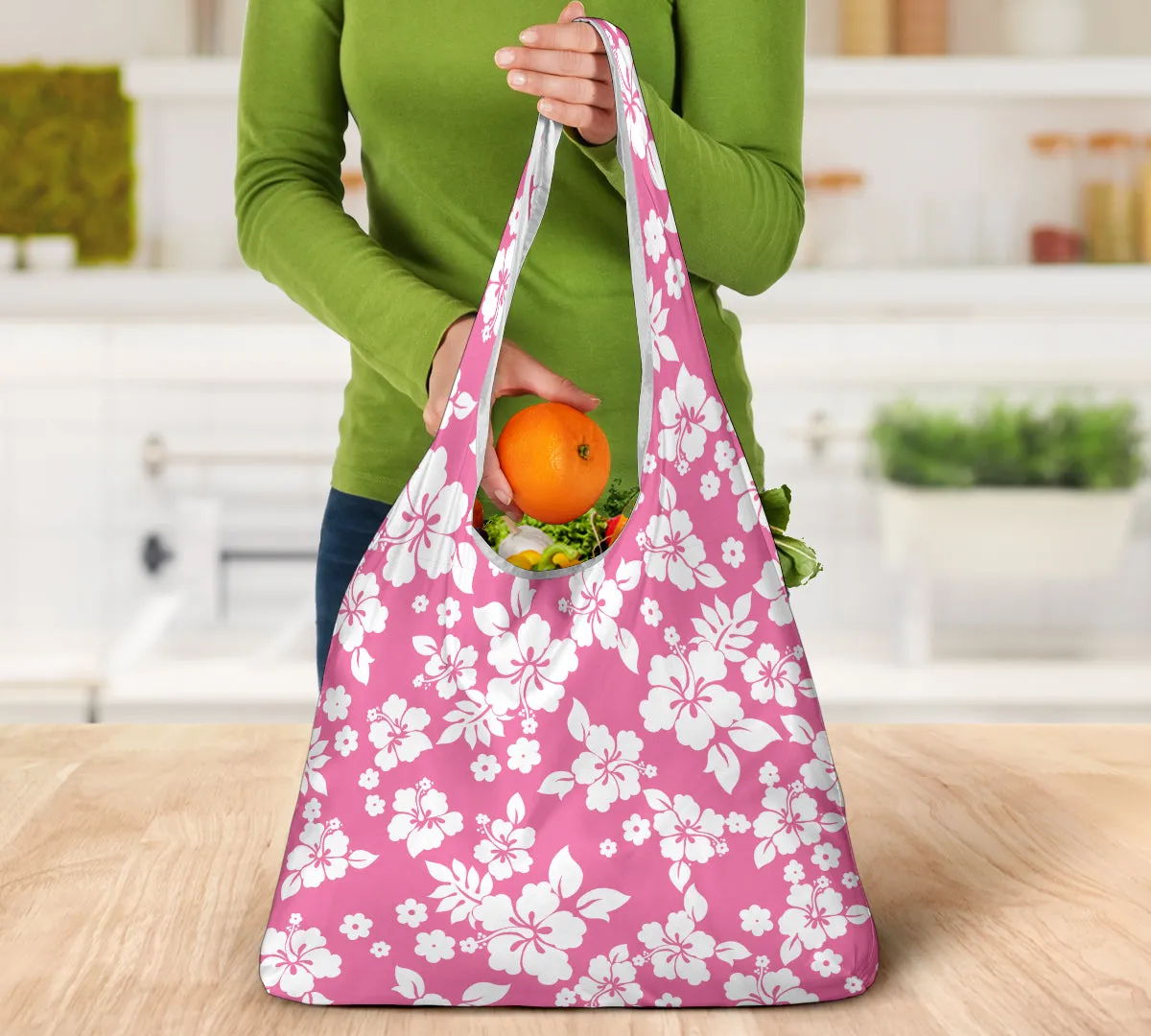 Hibiscus Hawaiian Flower Pattern Reusable Grocery Shopping Bags Pack Of 3