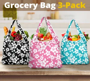 Hibiscus Hawaiian Flower Pattern Reusable Grocery Shopping Bags Pack Of 3