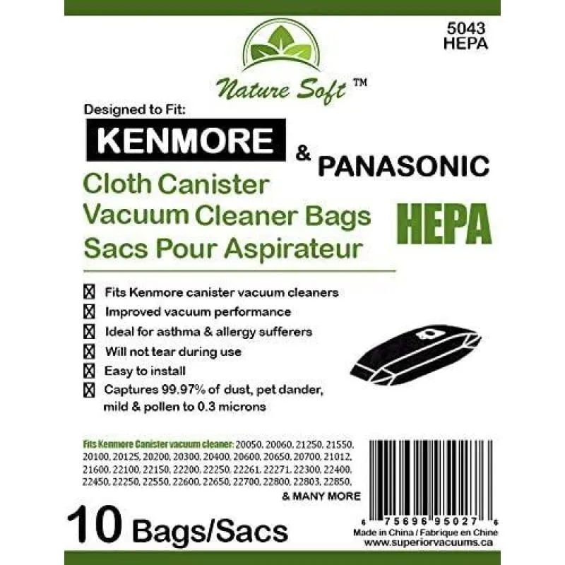 Kenmore Canister Vacuum HEPA Synthetic Bags 5043, 20-50410, 20-5055 Type C - 10 Pack
